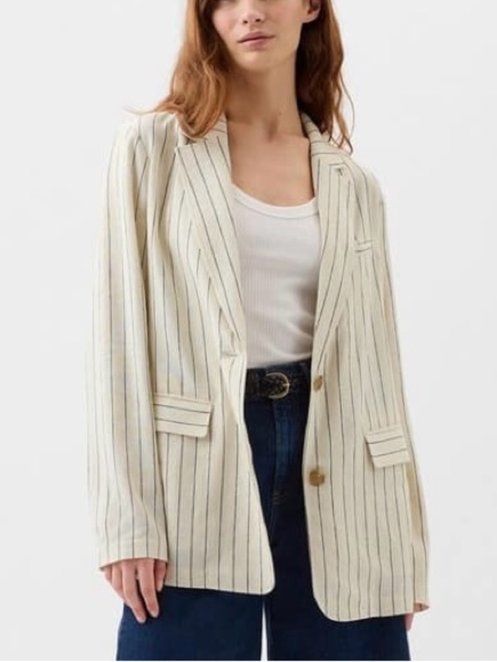Gap Linen Blend Striped Blazer Black Ivory Relaxed Fit XL Tailored Jacket